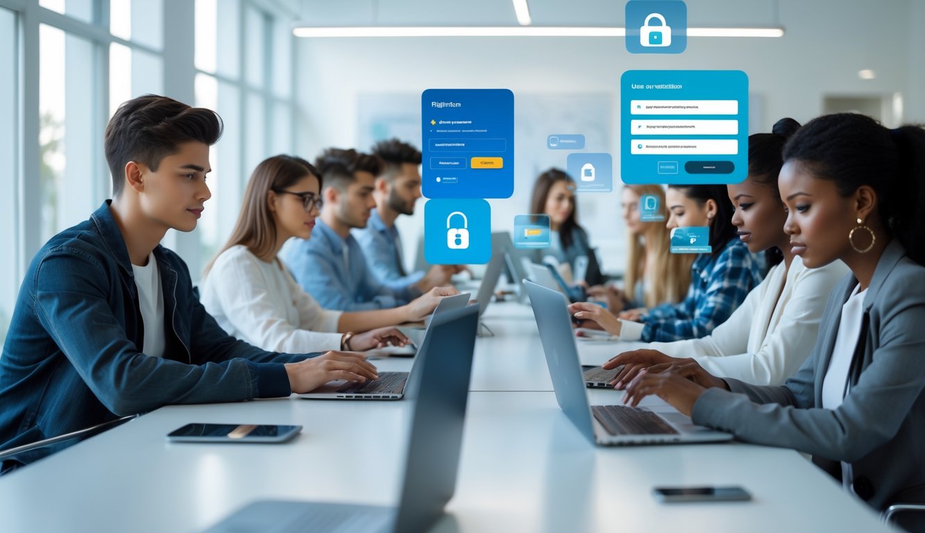 Beberapa orang muda sedang menggunakan laptop dan ponsel untuk mendaftar dan memverifikasi akun secara online di sebuah kantor yang terang dan rapi.