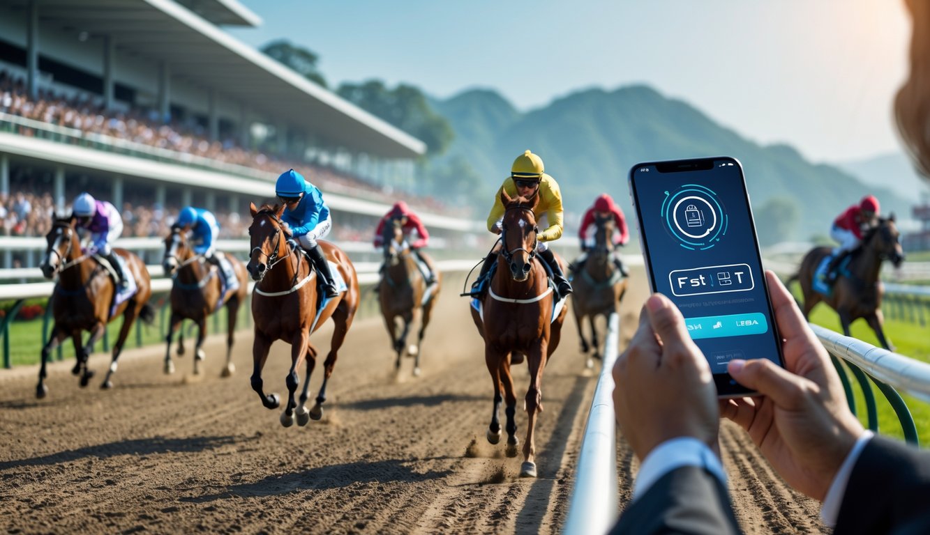 Adegan balapan kuda di arena pacuan dengan beberapa kuda dan joki sedang berlari cepat, di latar depan seorang pria menggunakan ponsel untuk memasang taruhan online.