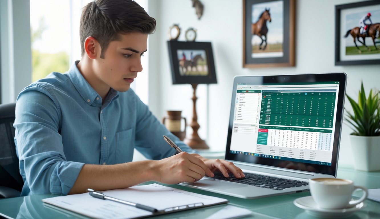 Seseorang duduk di meja dengan laptop, menganalisis data pacuan kuda dan membuat catatan di ruang kerja rumah.