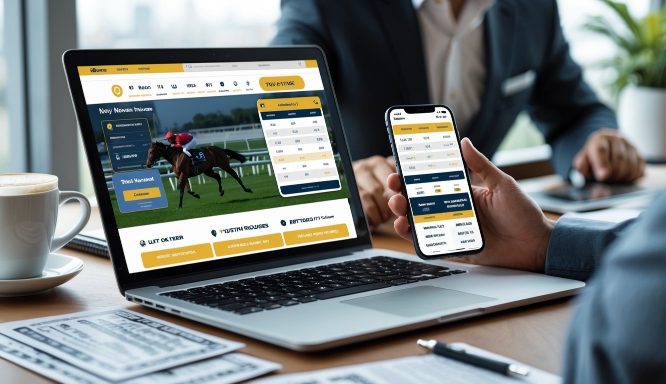 Seseorang menggunakan laptop dan ponsel untuk memasang taruhan pacuan kuda secara online di sebuah meja kerja dengan alat tulis dan kopi.