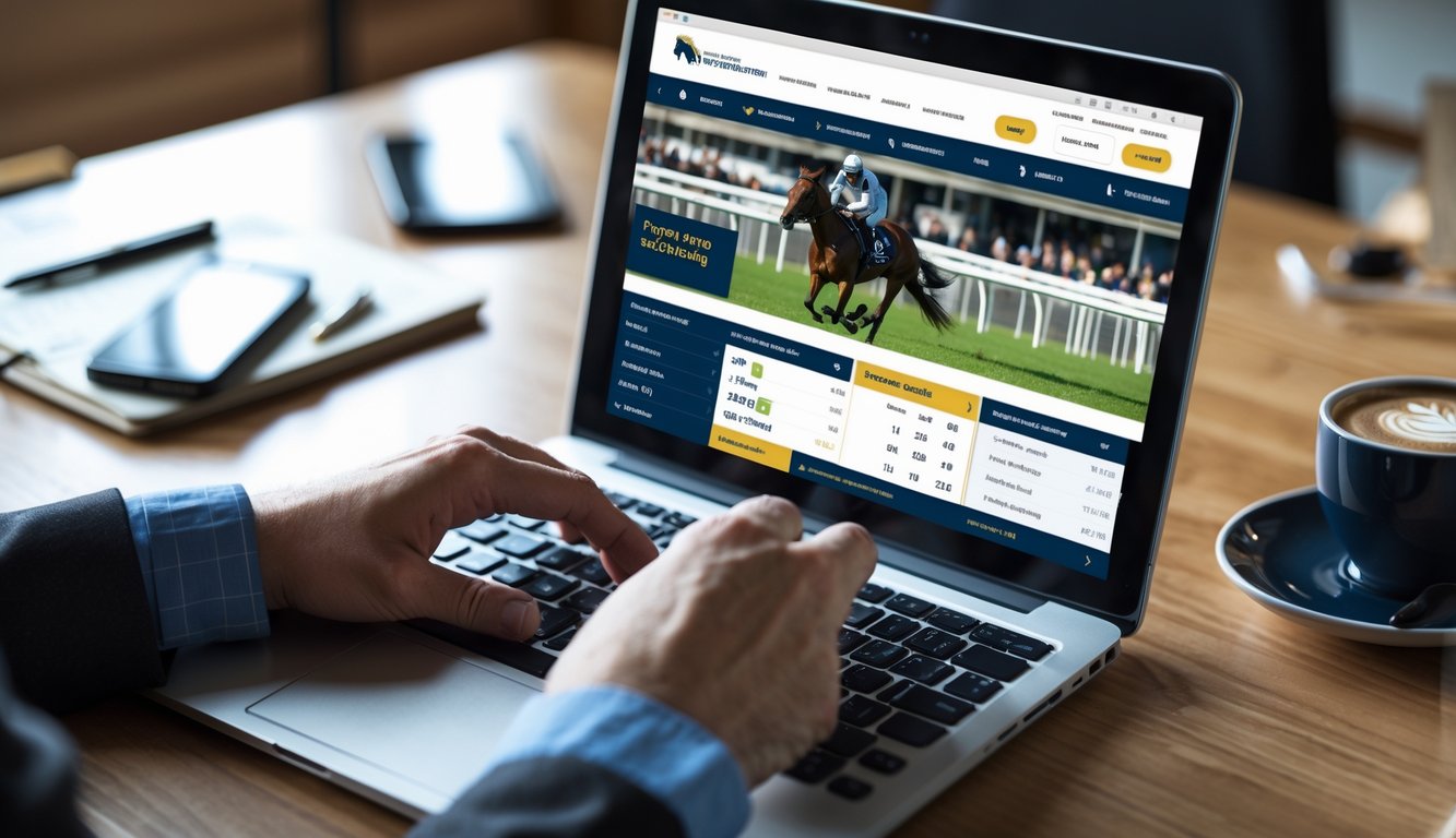 Seseorang menggunakan laptop di meja kerja dengan layar menampilkan situs pacuan kuda online, dikelilingi oleh ponsel, kopi, dan buku catatan.