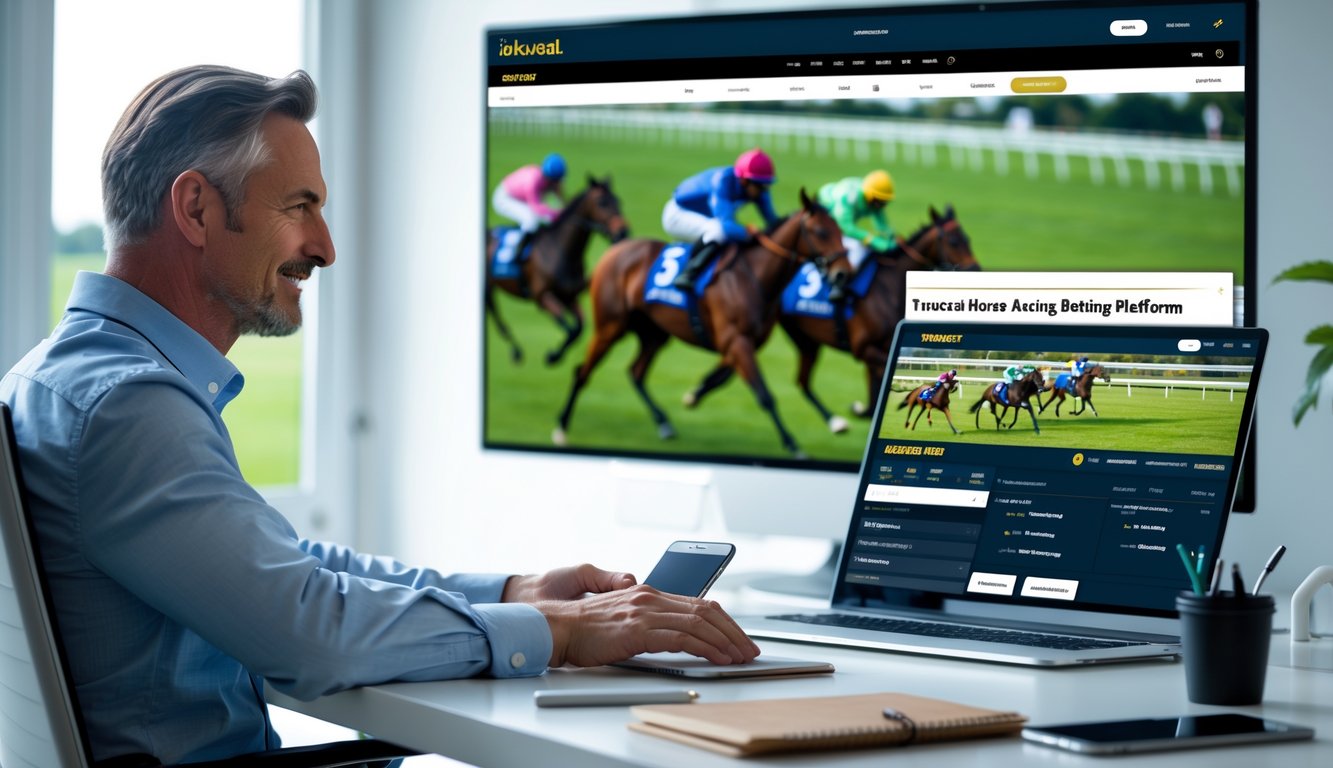 Seorang pria dewasa duduk di meja dengan laptop dan layar besar menampilkan pacuan kuda, terlihat fokus dan percaya diri saat menggunakan platform taruhan online.
