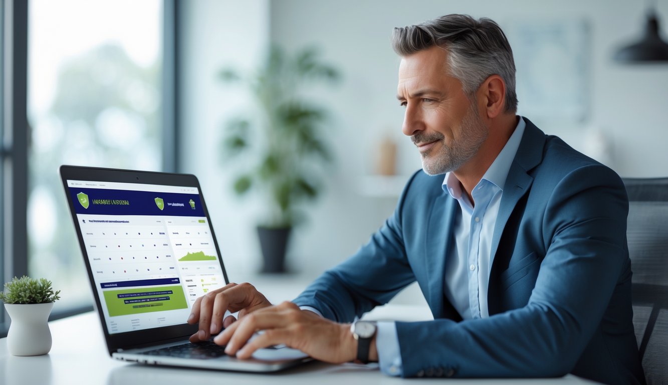 Seorang pria dewasa duduk di meja dengan laptop yang menampilkan platform taruhan pacuan kuda online, terlihat fokus dan percaya diri di ruang kantor modern.