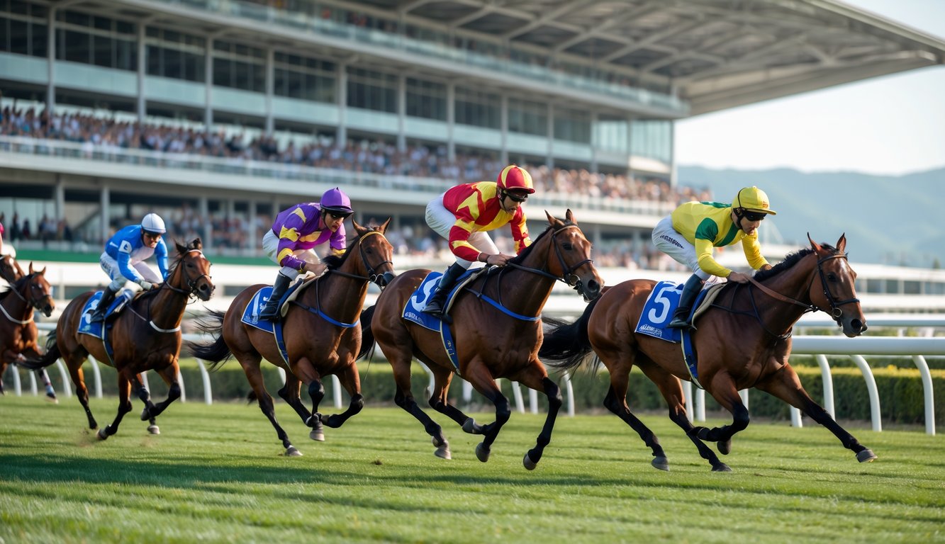 Beberapa kuda pacuan dan joki sedang berlomba di lintasan dengan penonton di latar belakang.