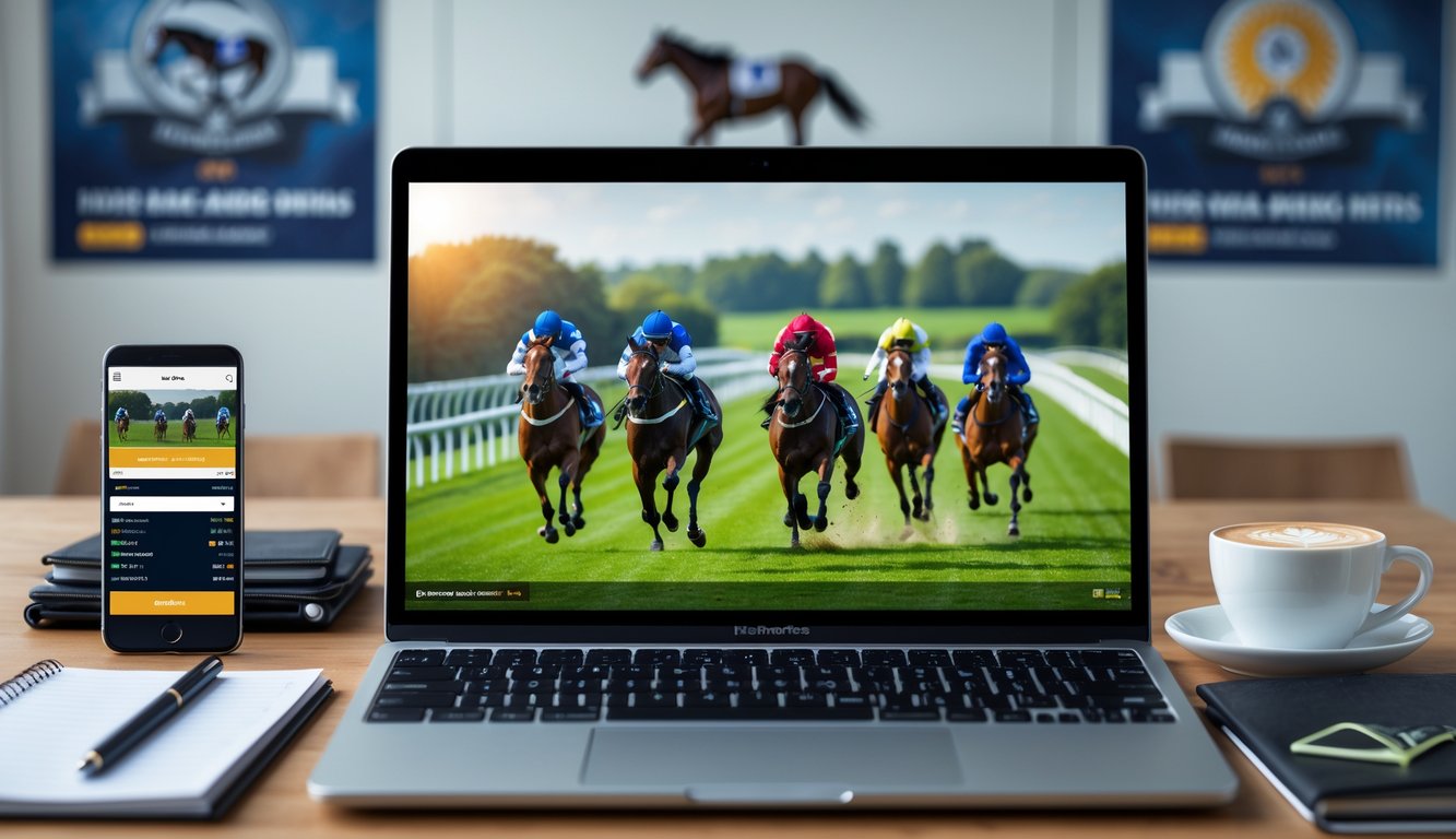 Seorang pengguna sedang melihat siaran langsung balapan kuda internasional di laptop di meja kerja dengan ponsel dan alat tulis di sekitarnya.