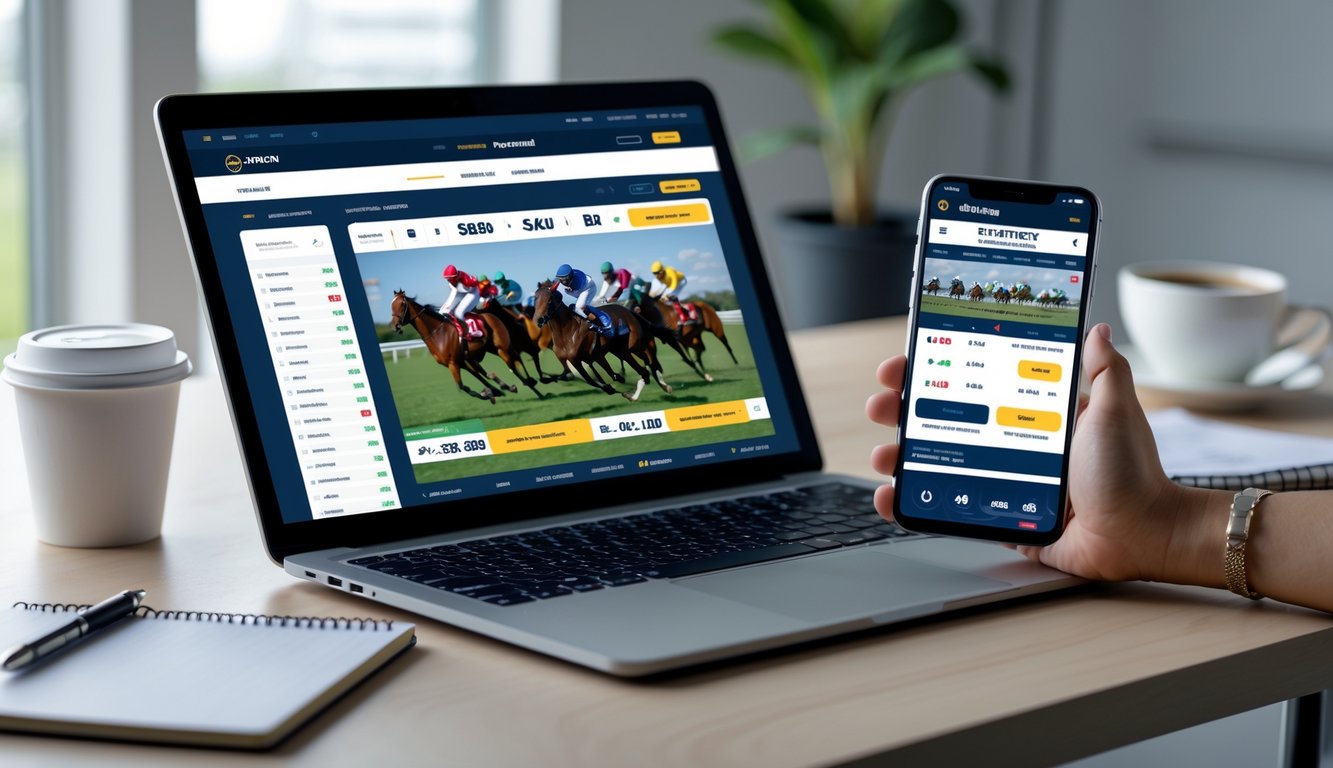 Seseorang menggunakan laptop dan ponsel untuk memasang taruhan pacuan kuda online di meja kerja yang rapi.