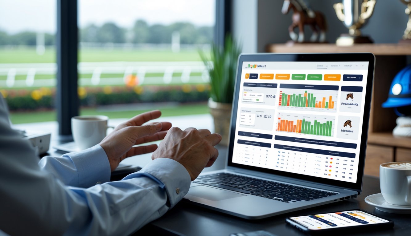 Seorang pengguna sedang menggunakan laptop dengan tampilan situs taruhan pacuan kuda online, di meja terdapat smartphone dan cangkir kopi, latar belakang menunjukkan elemen pacuan kuda seperti trek balap dan helm joki.
