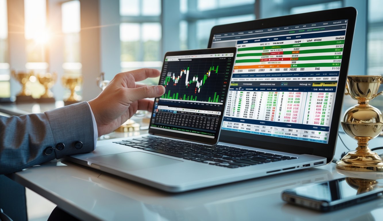 Seseorang sedang menganalisis data pacuan kuda di beberapa perangkat digital dalam ruangan kantor yang modern.