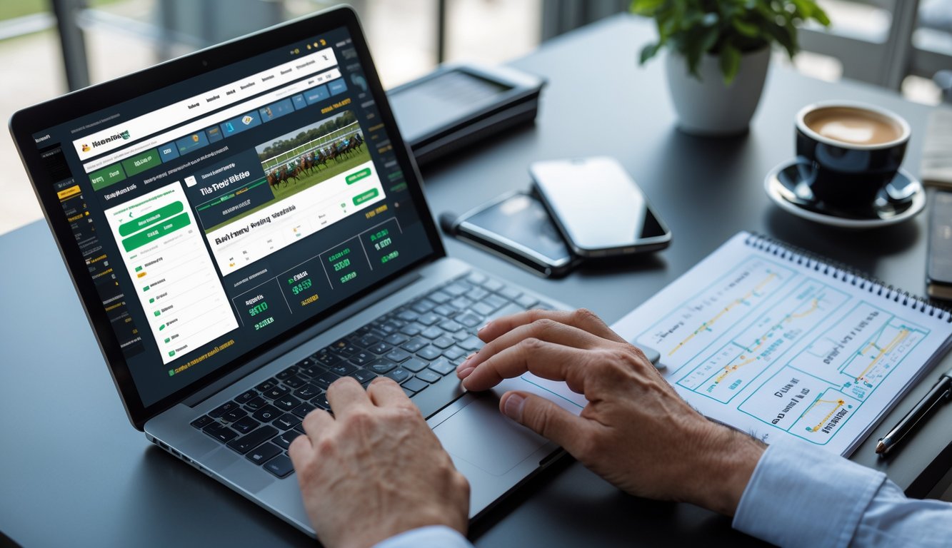 Seseorang menggunakan laptop di meja kerja dengan tampilan situs taruhan pacuan kuda online, dikelilingi oleh smartphone, catatan, dan secangkir kopi.