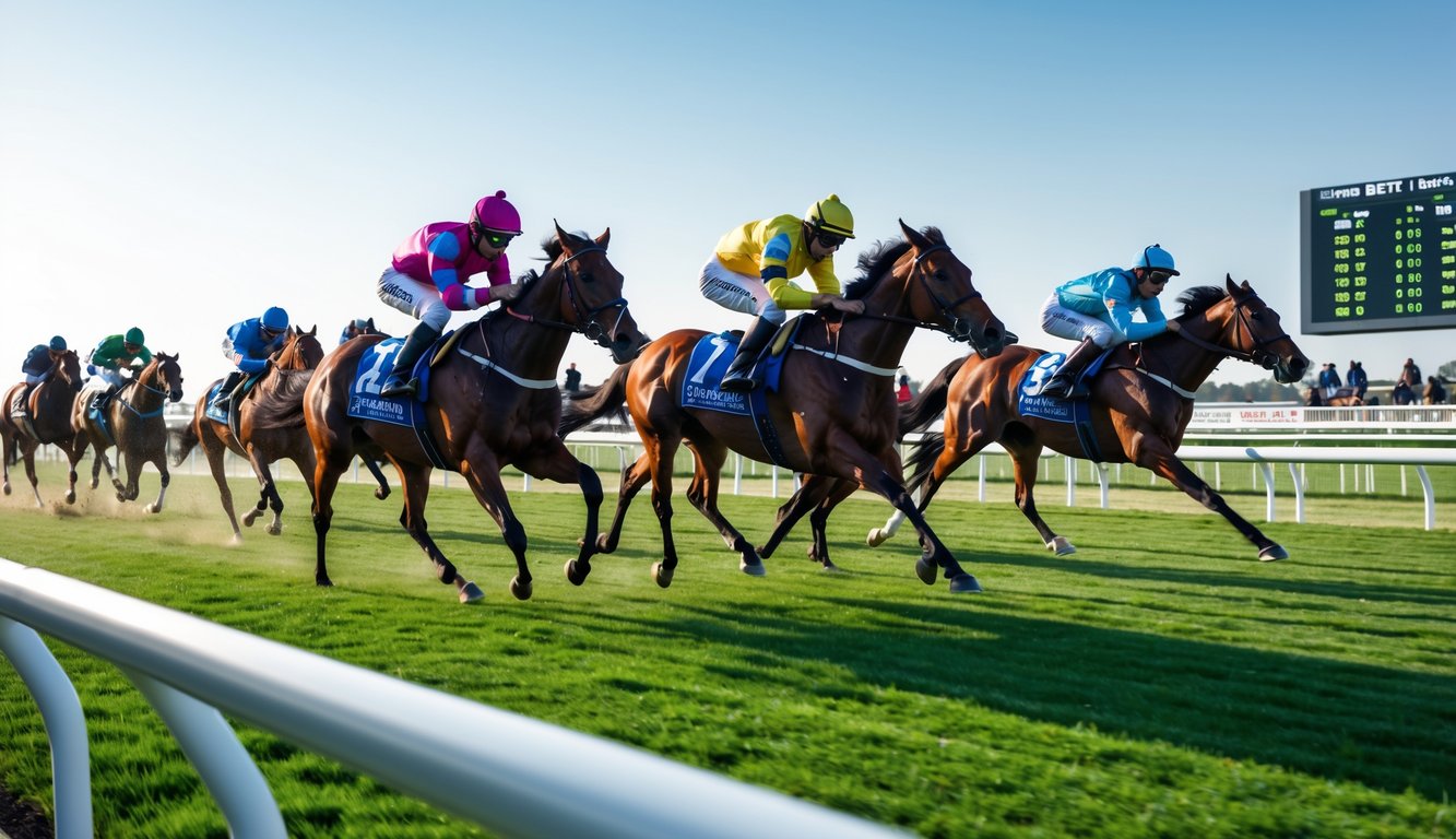 Beberapa kuda pacuan dengan joki sedang berlari kencang di lintasan pacuan kuda dengan penonton di latar belakang.