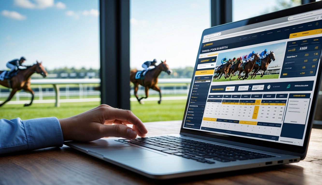 Seseorang menggunakan laptop di meja dengan tampilan situs taruhan pacuan kuda online, di latar belakang terlihat kuda sedang berlomba di lintasan pacu.