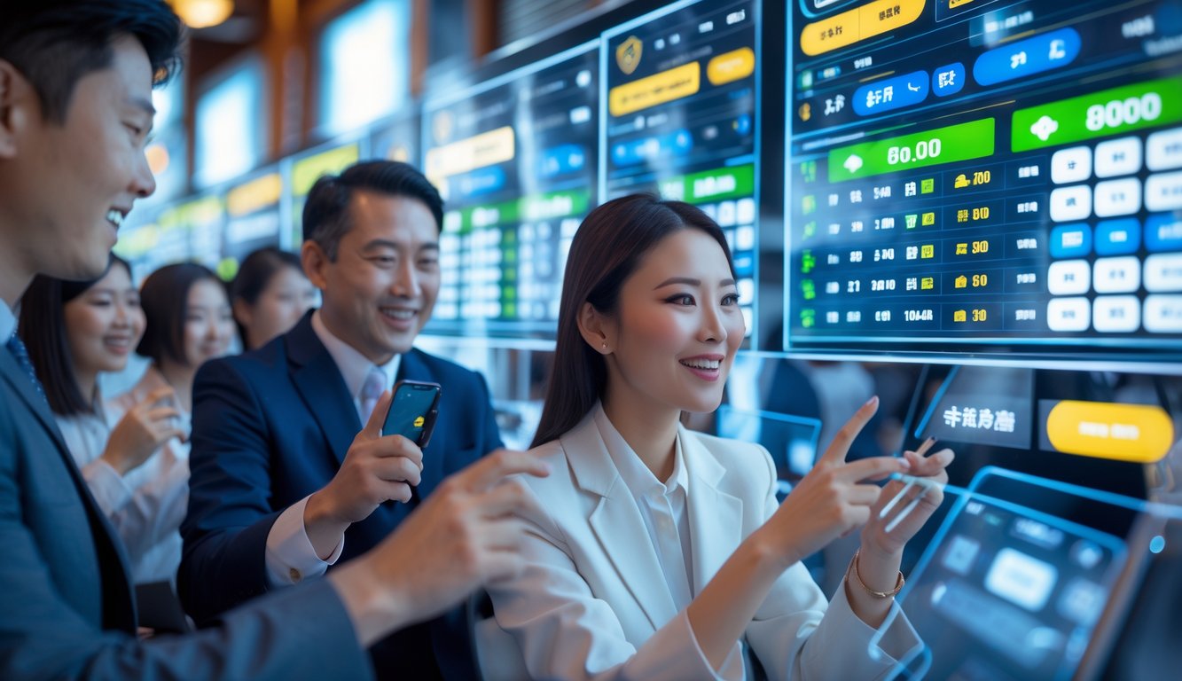 Beberapa orang Asia menggunakan perangkat digital untuk melihat informasi dan memasang taruhan pacuan kuda secara online.