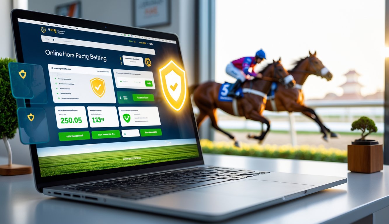 Sebuah komputer menampilkan situs taruhan pacuan kuda online dengan latar belakang pacuan kuda yang sedang berlangsung.
