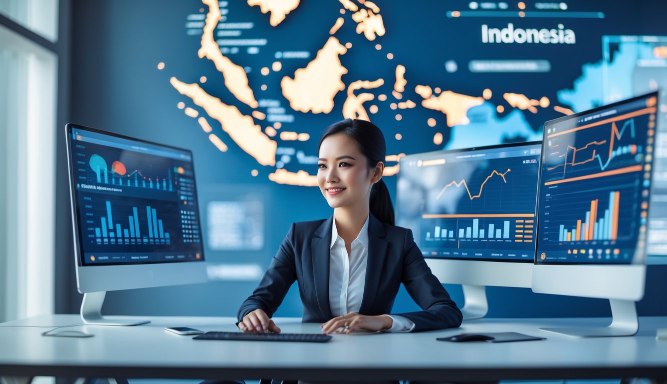 Seorang wanita bisnis Indonesia sedang bekerja di meja kantor modern dengan layar digital menampilkan grafik dan peta Indonesia di latar belakang.