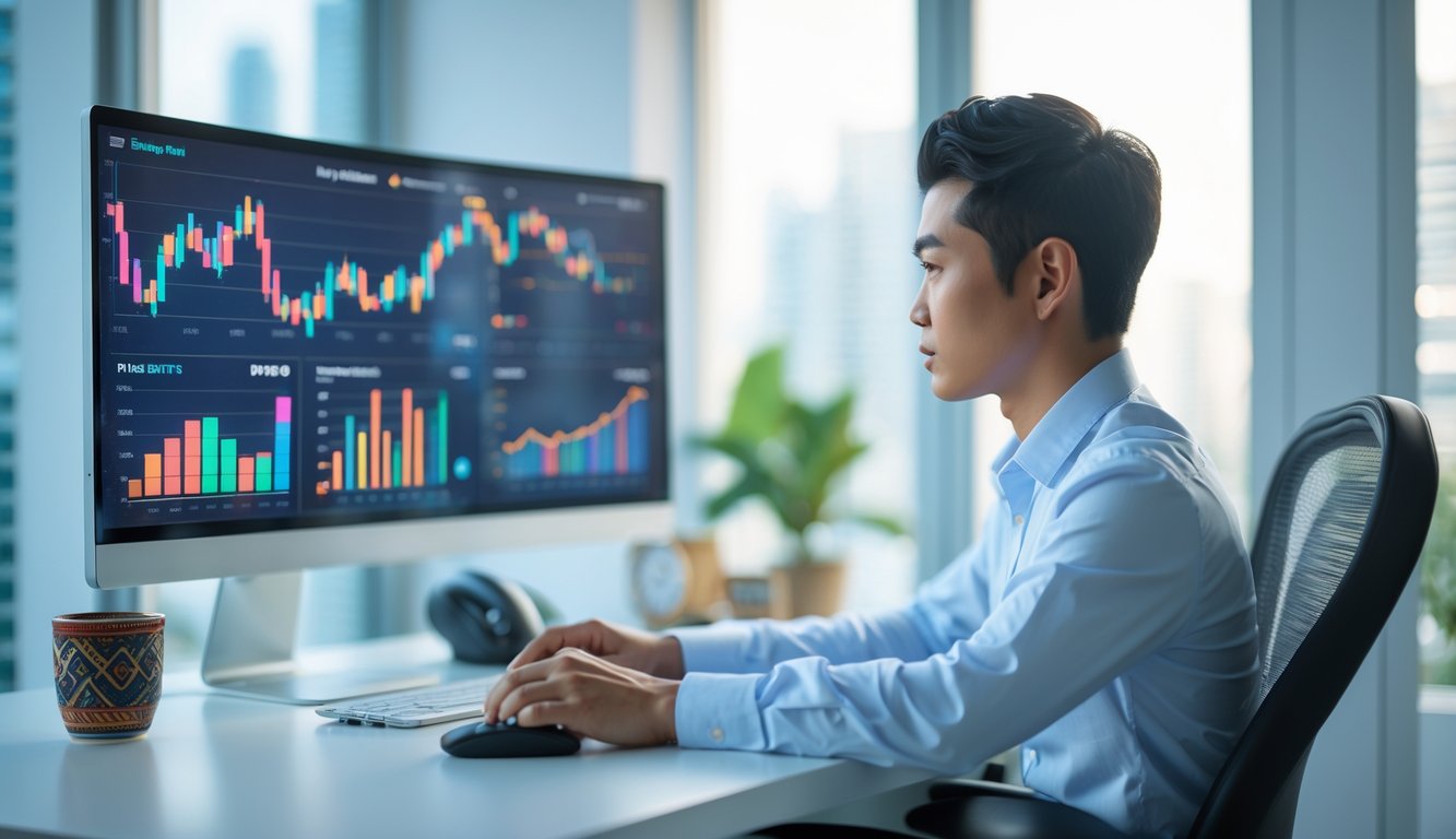 Seorang profesional muda sedang menganalisis data grafik persentase di depan komputer di ruang kerja yang rapi dan terang.