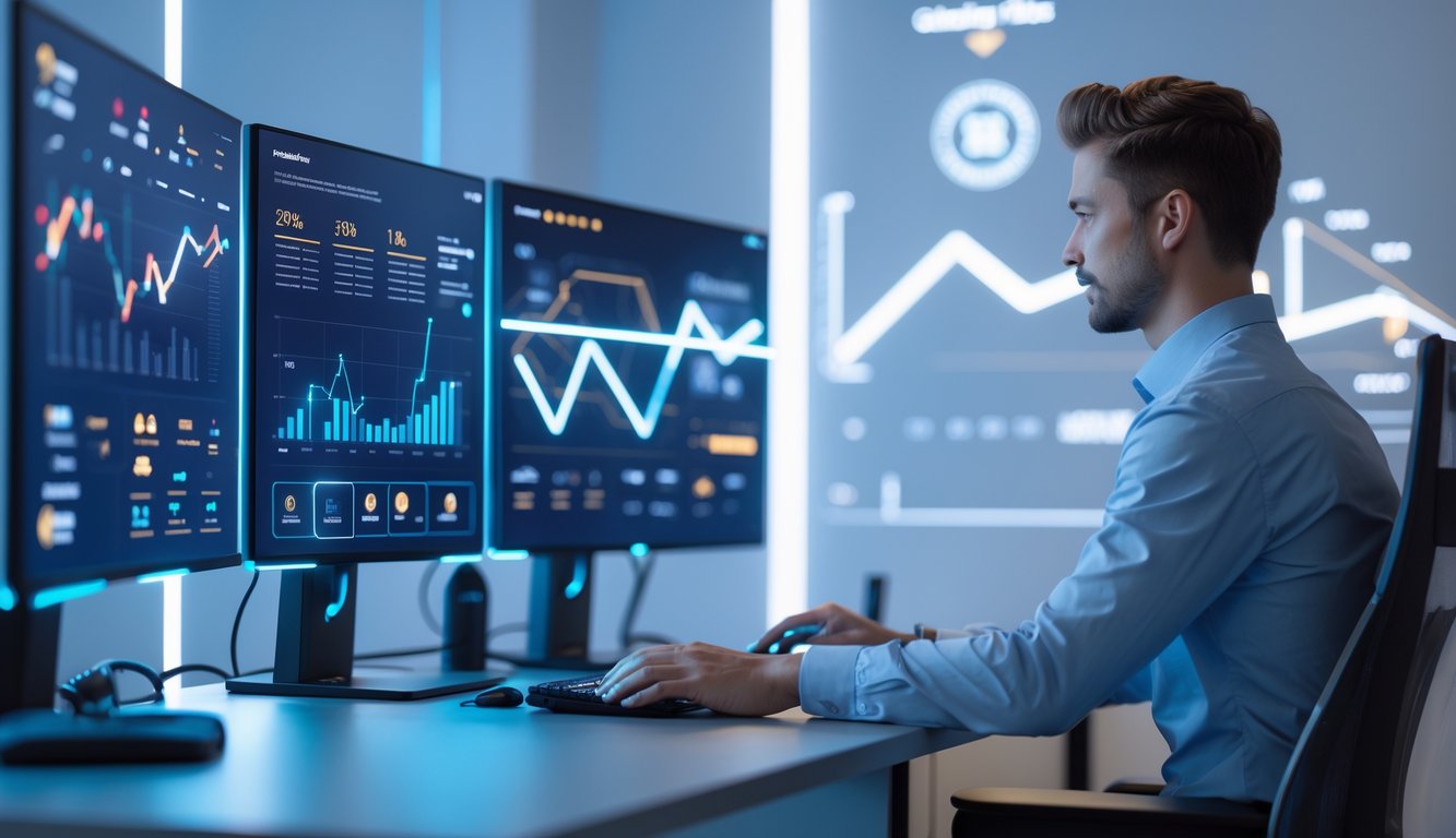Seseorang menggunakan komputer dengan beberapa layar yang menampilkan grafik dan data, di ruang kerja modern yang rapi dan terang.