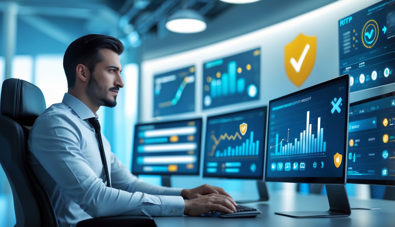 Seorang profesional duduk di meja modern dengan layar digital menampilkan grafik dan ikon terkait permainan online, menunjukkan kepercayaan dan keandalan situs RTP.