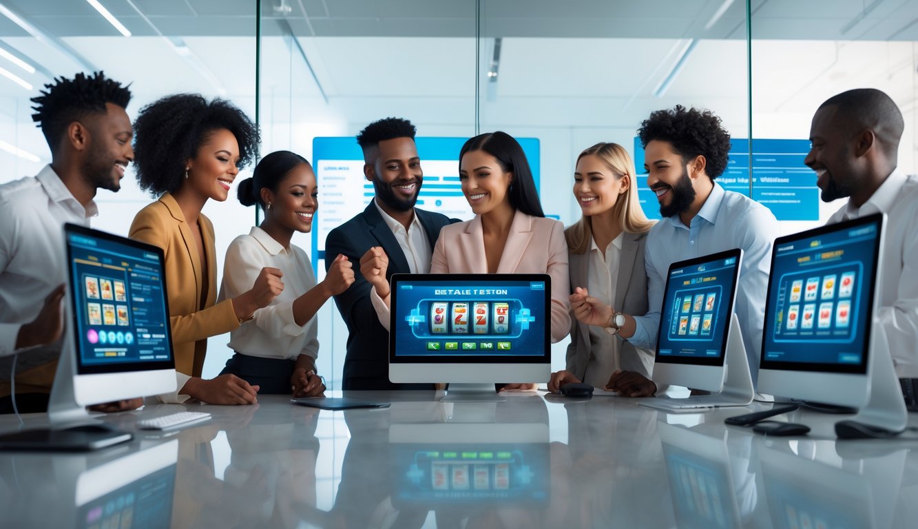 Sekelompok orang beragam sedang berkumpul di depan komputer dengan mesin slot online, tampak senang dan percaya diri dalam suasana yang terang dan modern.