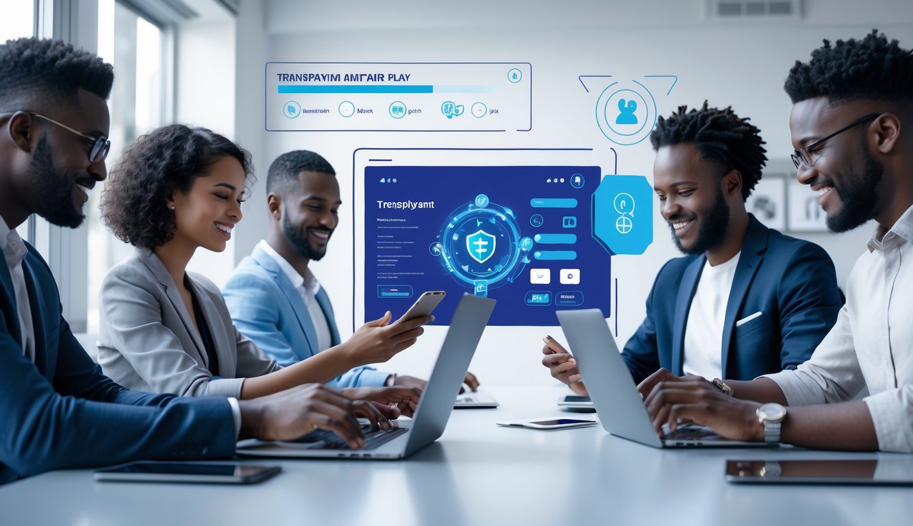 Sekelompok orang menggunakan perangkat digital di ruang kerja modern dengan grafik dan simbol yang menunjukkan transparansi dan kepercayaan dalam permainan online.