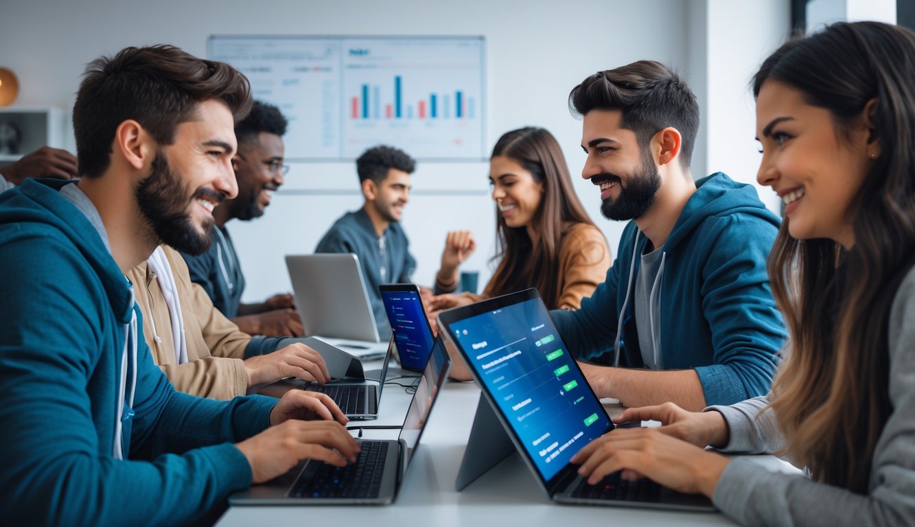 Sekelompok orang bermain game online RTP menggunakan berbagai perangkat di ruangan modern yang terang dan minimalis.