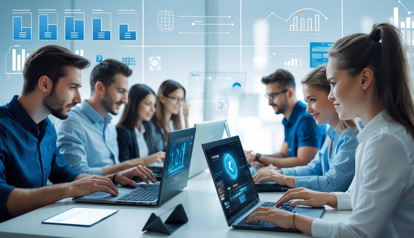 Sekelompok orang menggunakan laptop dan ponsel di ruang kerja modern, fokus pada aktivitas permainan online dengan suasana yang profesional dan terpercaya.