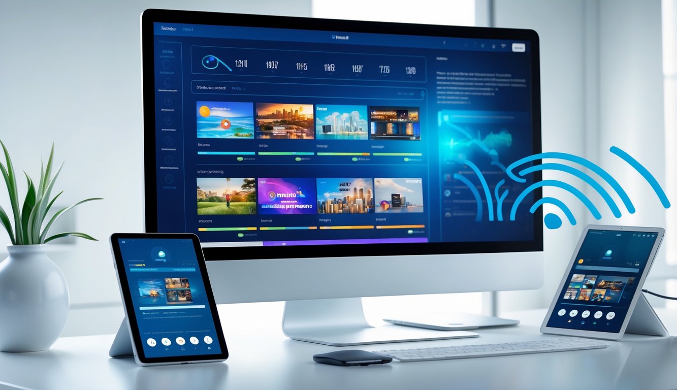 Meja kerja modern dengan komputer, ponsel, dan tablet yang menampilkan aplikasi streaming online, menunjukkan koneksi internet yang stabil dan layanan yang dapat dipercaya.