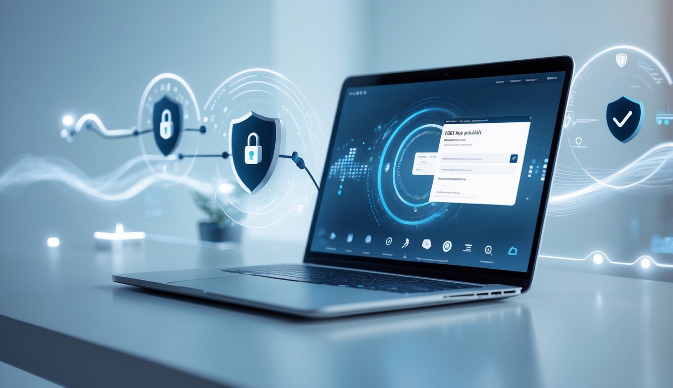 Seorang pengguna bekerja dengan laptop yang menampilkan antarmuka situs web aman dan stabil, dikelilingi ikon keamanan dan data yang mengalir, menunjukkan koneksi online yang terpercaya.