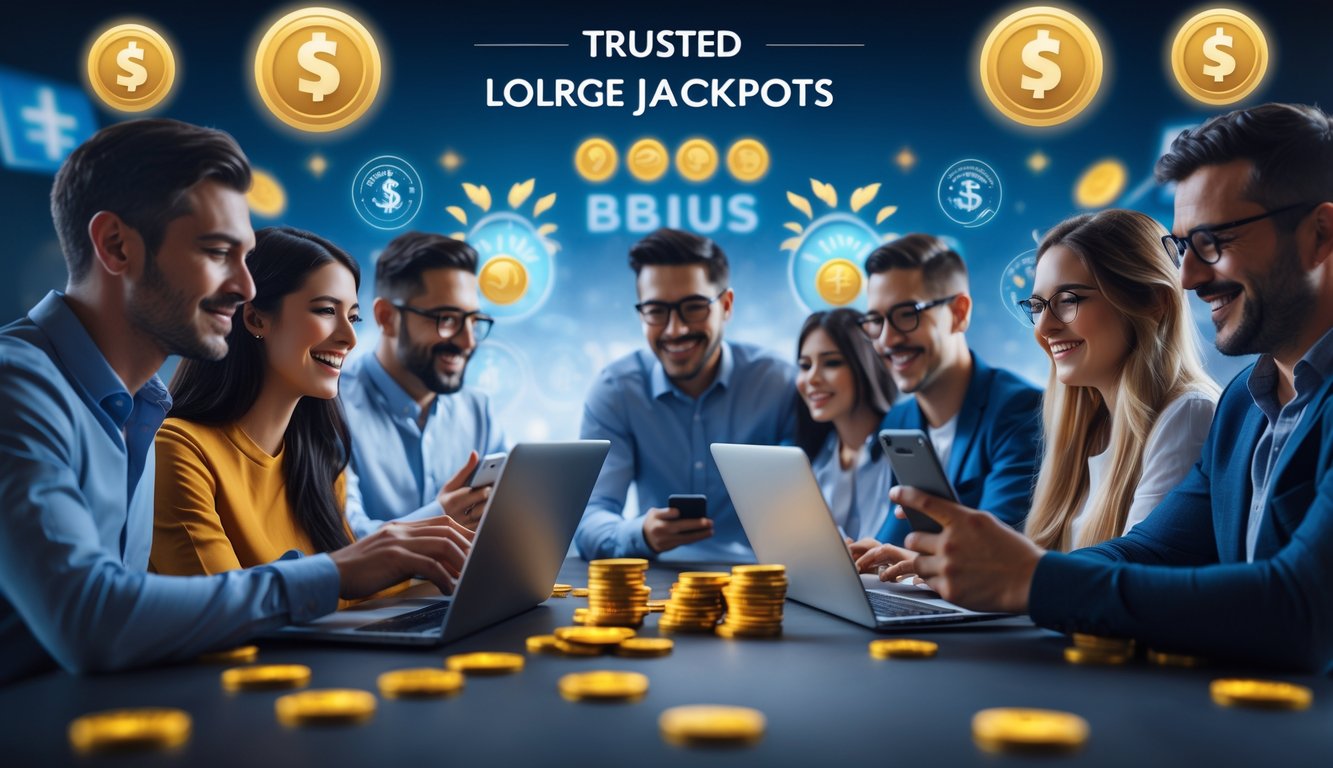 Orang-orang menggunakan laptop dan ponsel di ruangan terang dengan simbol jackpot dan bonus di latar belakang.