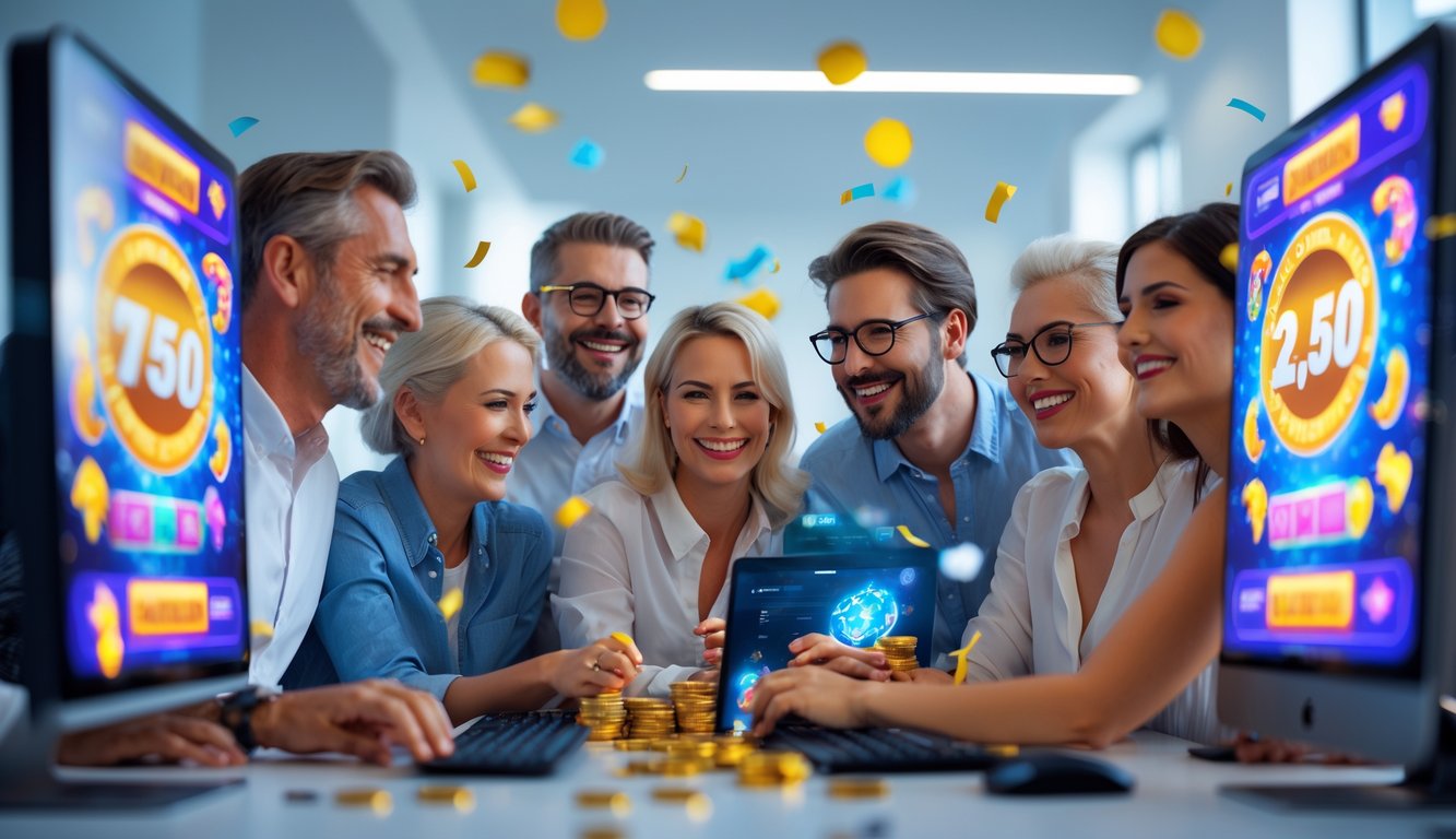 Sekelompok orang bahagia bermain game online dengan layar komputer menampilkan mesin slot dan simbol jackpot di ruangan modern yang terang.