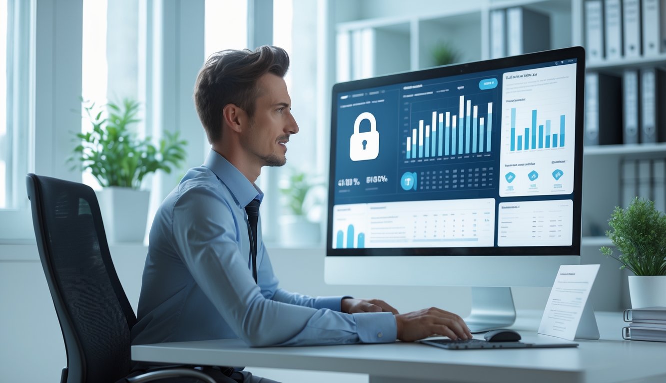 Seorang profesional sedang duduk di meja kantor modern sambil melihat layar komputer yang menampilkan grafik dan data terkait situs RTP online terpercaya.