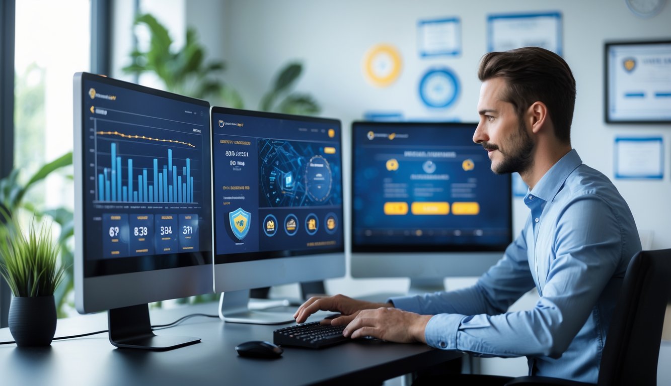 Seorang pria sedang menggunakan komputer dengan beberapa layar yang menampilkan data dan informasi terkait situs permainan online yang aman dan terpercaya.