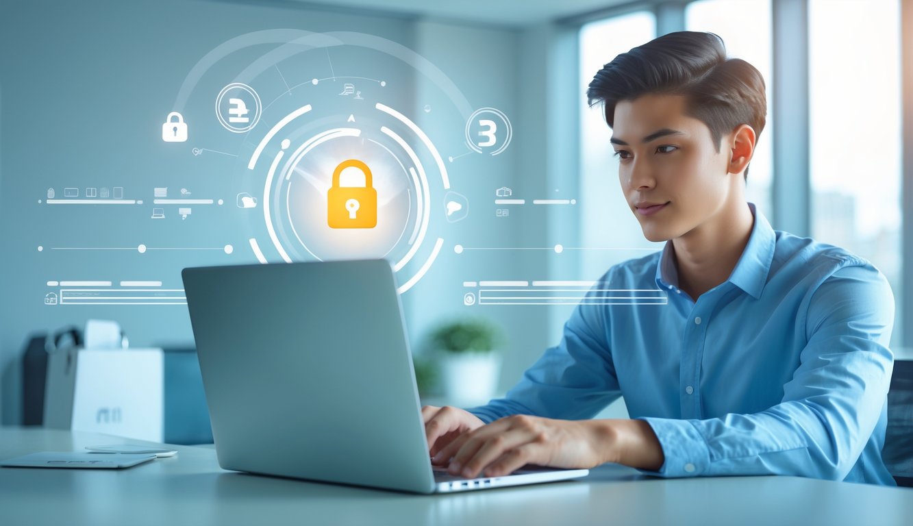 Seorang dewasa muda menggunakan laptop di kantor yang terang dengan ikon digital yang melambangkan transaksi cepat dan aman.