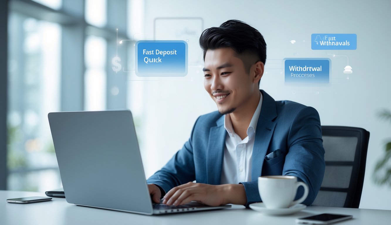 Seorang pria muda menggunakan laptop di kantor modern dengan ekspresi percaya diri dan latar belakang yang menunjukkan konsep transaksi online cepat dan terpercaya.