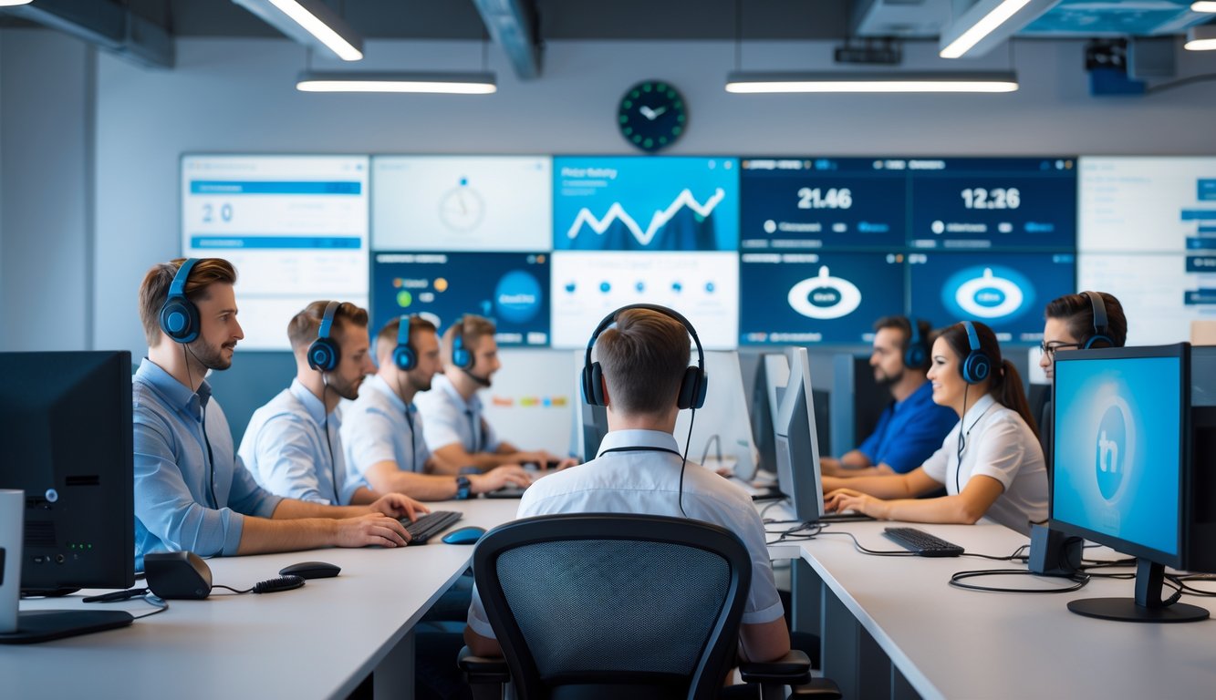 Tim layanan pelanggan yang ramah bekerja di pusat layanan dengan komputer dan headset, menunjukkan layanan responsif 24 jam sehari.