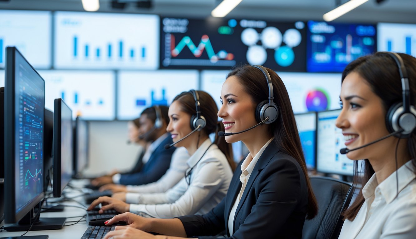 Seorang tim layanan pelanggan yang ramah sedang bekerja di pusat layanan dengan komputer dan headset, menunjukkan suasana kerja yang profesional dan responsif.