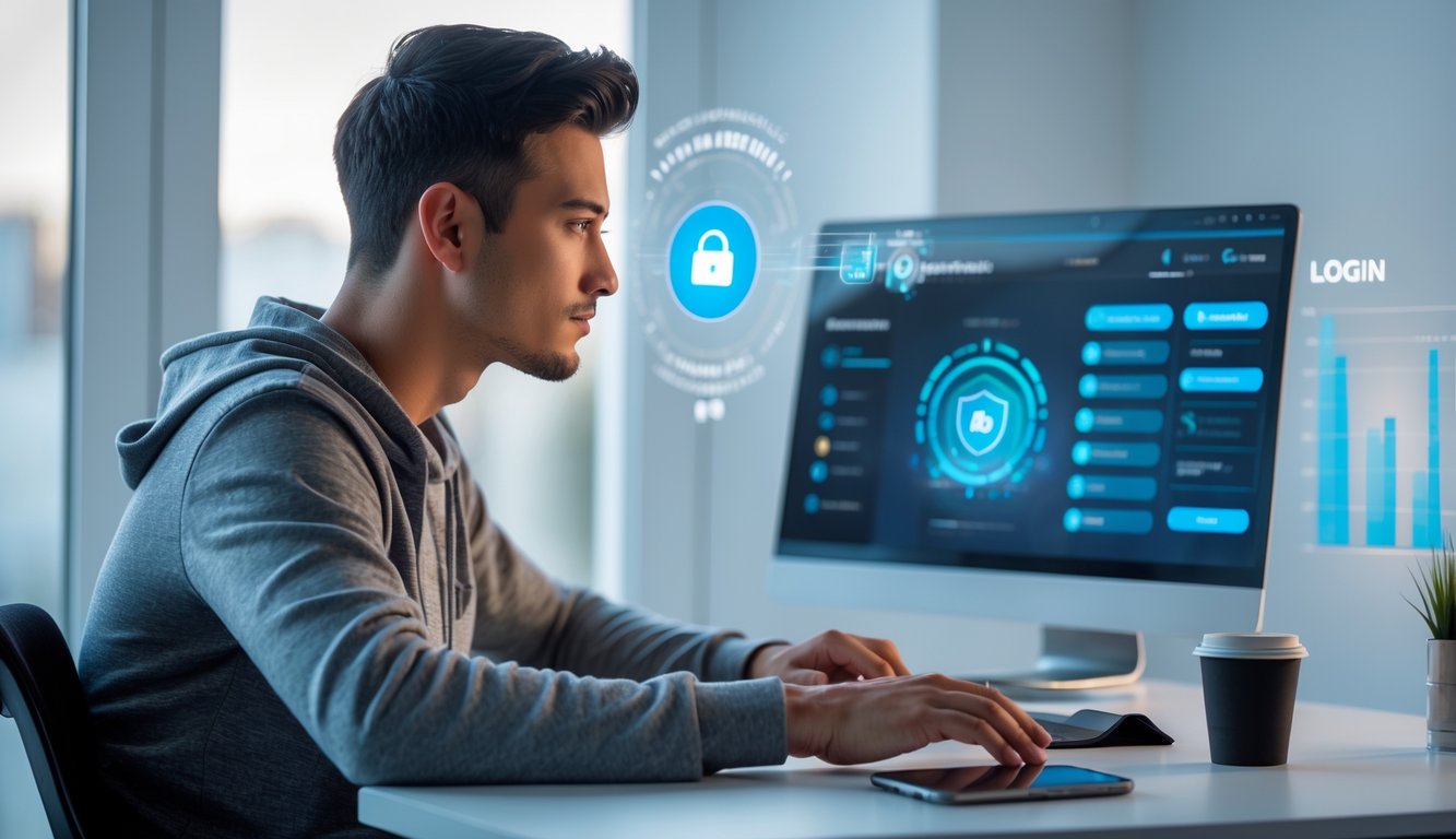 Seorang pria muda duduk di meja dengan laptop, fokus bermain permainan online di ruangan terang dan modern.