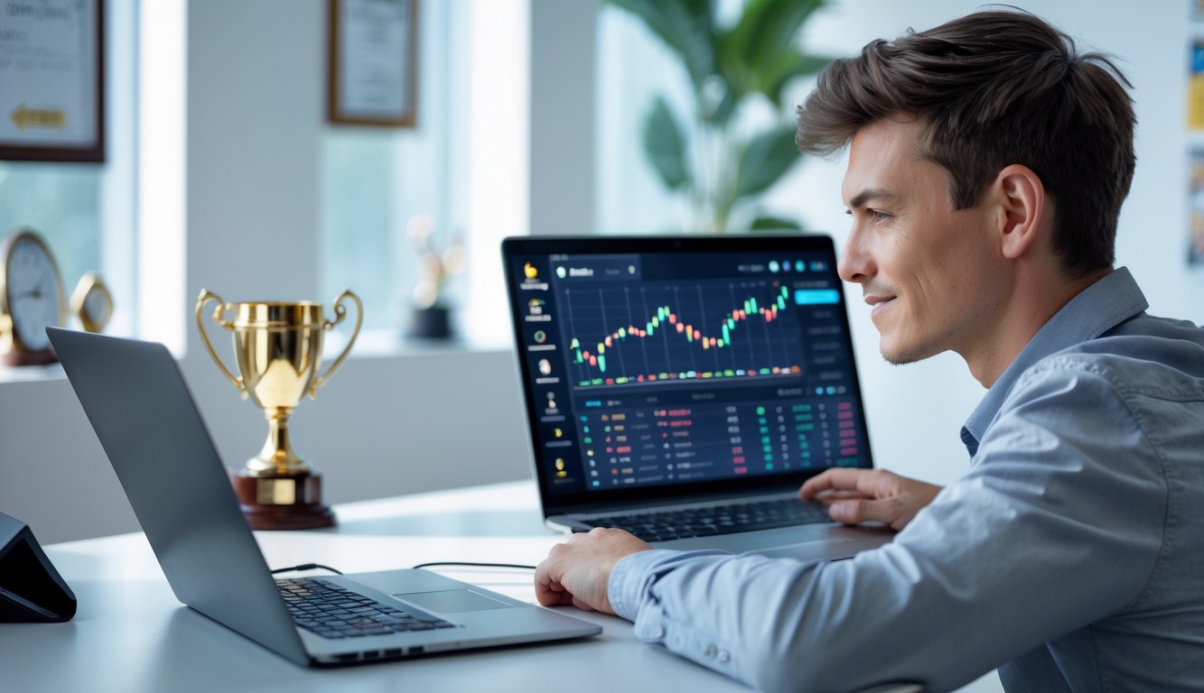 Seorang pria muda duduk di depan laptop di ruang kerja yang rapi, fokus menganalisis data permainan online dengan suasana yang tenang dan profesional.