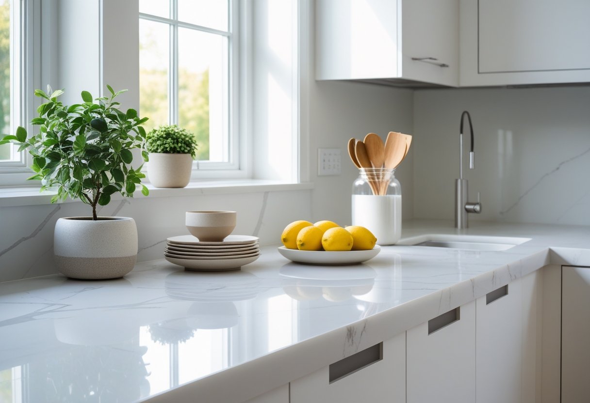 A clean white marble kitchen countertop with a small plant, ceramic plates, a jar with wooden utensils, and a bowl of lemons, with white cabinets and a stainless steel faucet in the background.
