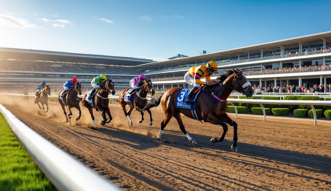 Adegan pacuan kuda dengan beberapa kuda dan joki berlari cepat di lintasan balap di depan tribun penonton penuh semangat.