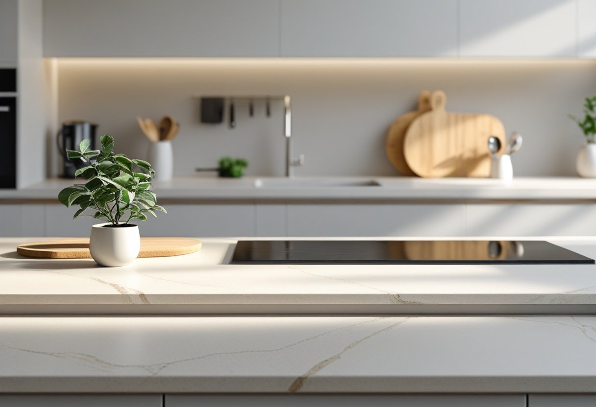 Clean kitchen countertop with a plant, cutting board, and utensils in a bright kitchen.