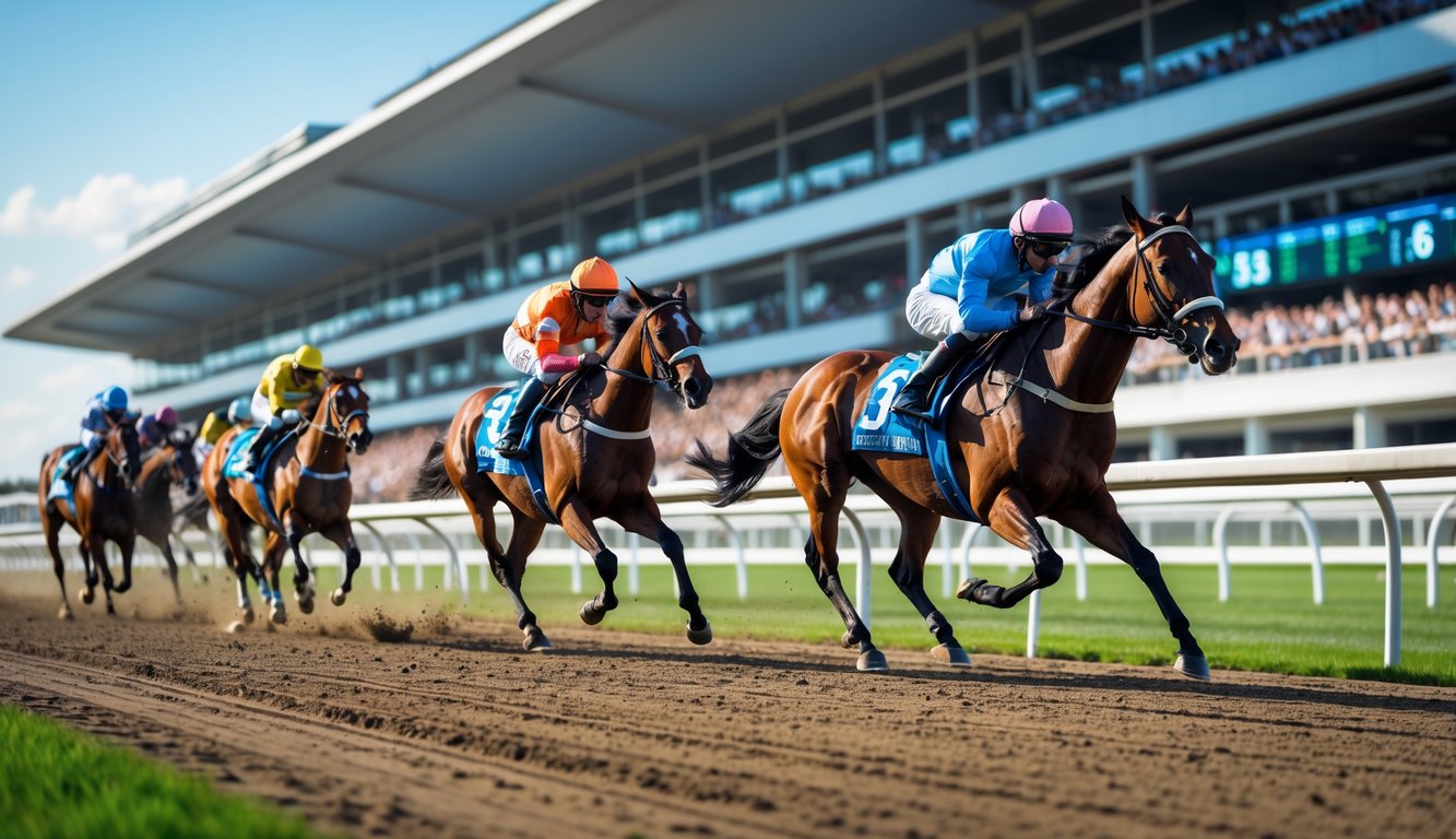 Beberapa kuda pacu dengan joki sedang berlomba di lintasan pacuan kuda dengan tribun penonton dan papan taruhan di latar belakang.