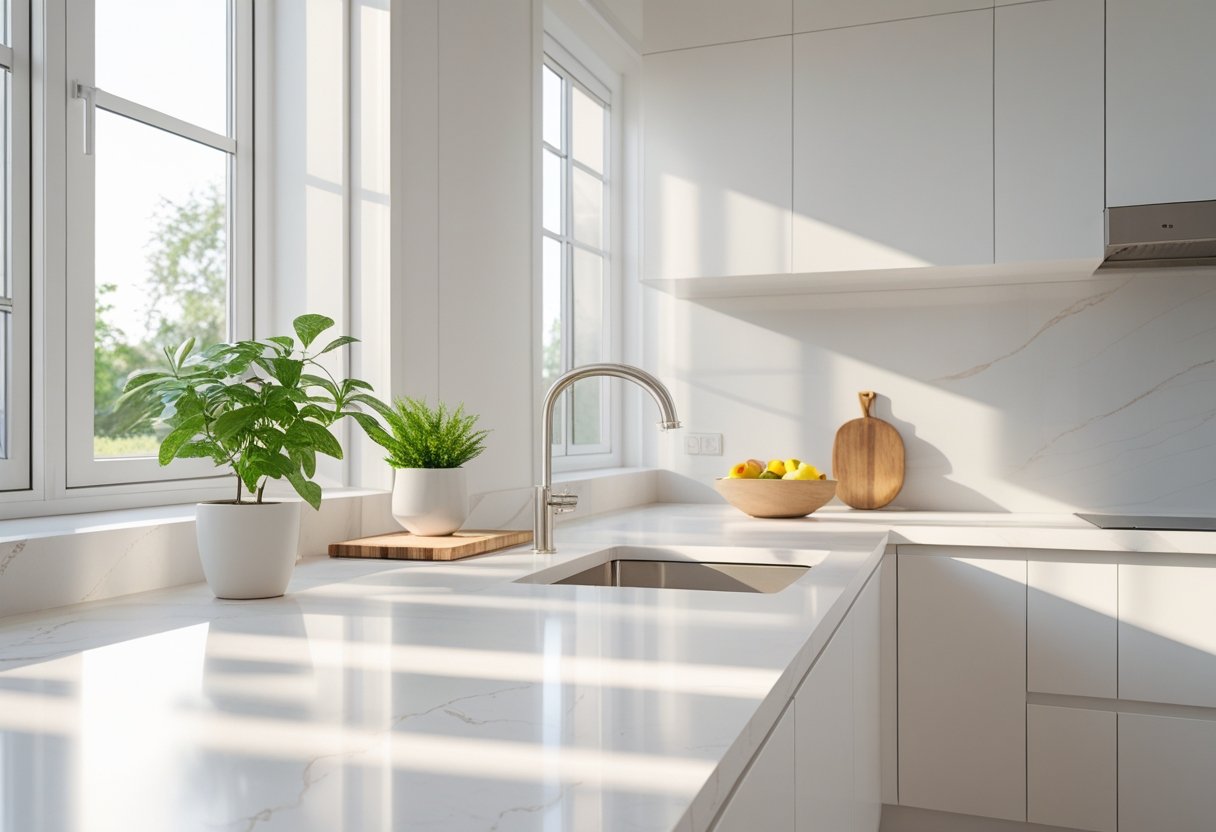 A modern kitchen with light marble countertops, a small plant, a cutting board, and a bowl of fruit under natural sunlight.