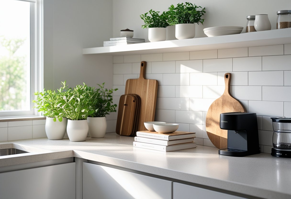 A clean and bright kitchen countertop with plants, cookbooks, a cutting board, and kitchen accessories under natural light.