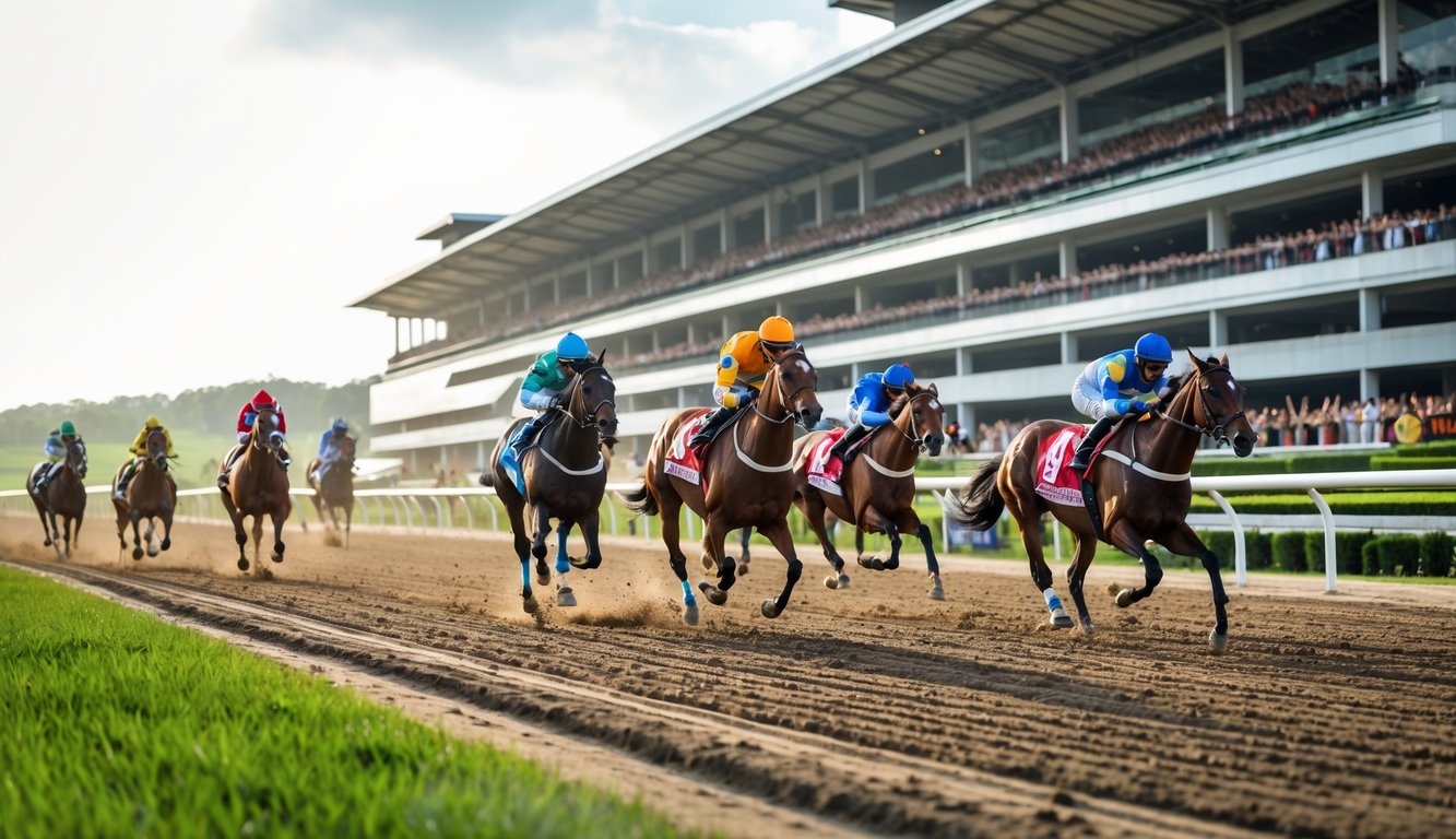 Adegan balapan kuda di lintasan dengan joki mengenakan pakaian berwarna-warni dan penonton di tribun yang ramai.