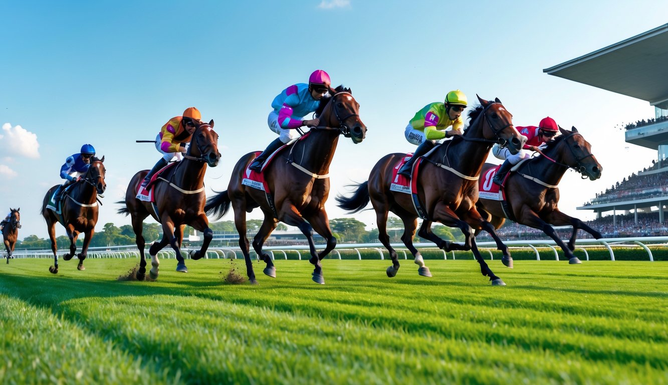 Lomba pacuan kuda dengan beberapa kuda dan joki yang sedang berlari cepat di lintasan balap dengan penonton di latar belakang.