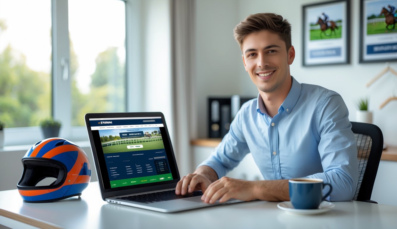 Seseorang duduk di meja dengan laptop terbuka menampilkan situs taruhan pacuan kuda, di ruang kerja yang terang dan rapi.