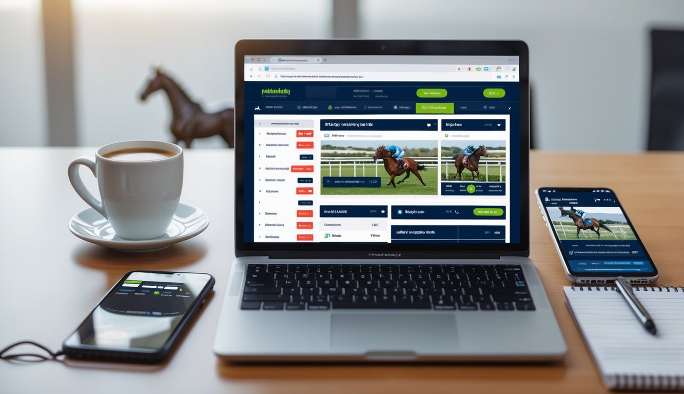 Seorang pengguna sedang menggunakan laptop dengan situs taruhan pacuan kuda online di meja kerja yang rapi dan terang.