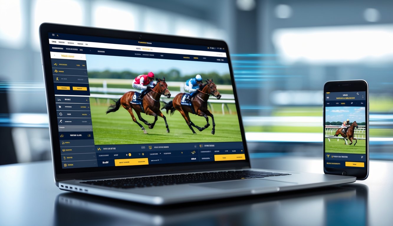 Layar laptop dan ponsel menampilkan siaran langsung pacuan kuda dengan latar belakang ruang kerja modern.