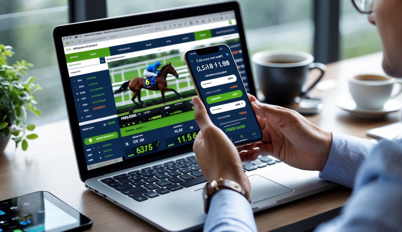 Seseorang menggunakan laptop dan ponsel untuk memasang taruhan pacuan kuda secara online di meja kerja.