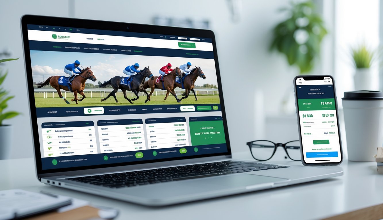 Seseorang menggunakan komputer dan ponsel untuk memasang taruhan pacuan kuda online dengan latar ruang kerja yang rapi.